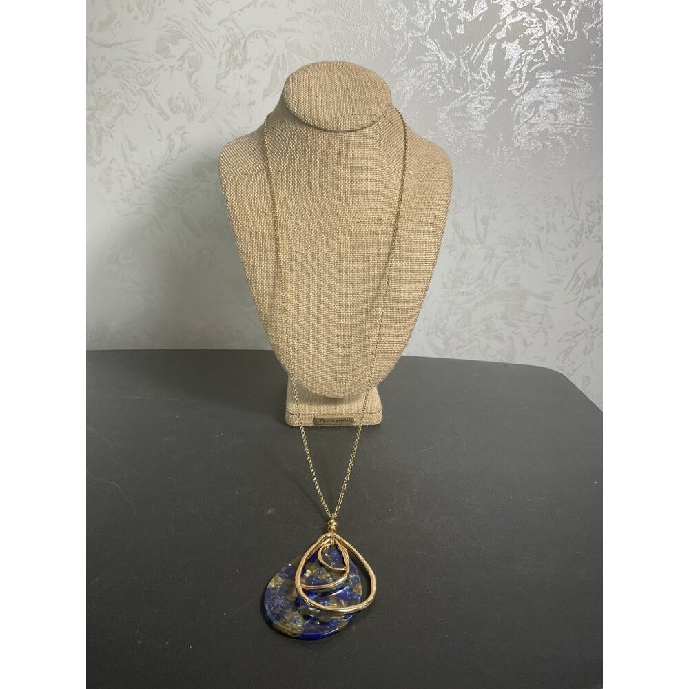 Gold Chain Necklace With Blue & Gold Teardrop Pendant